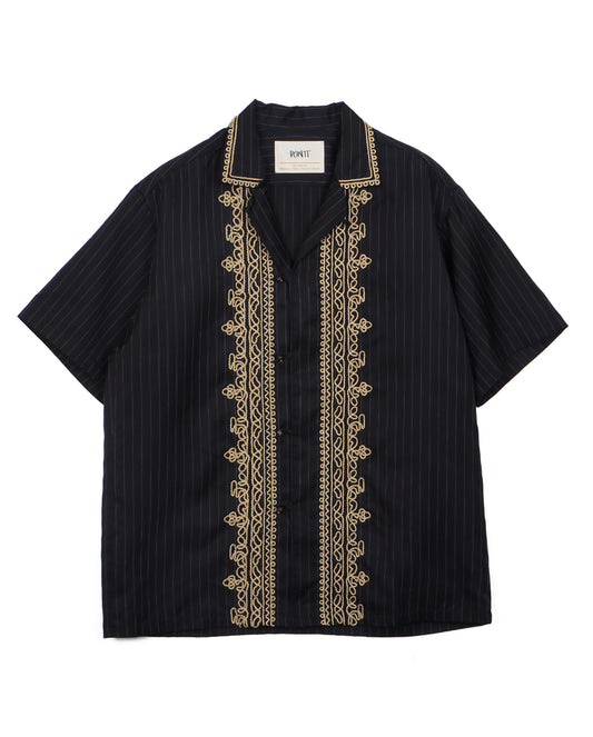 Stripe Fabric Embroidered Open Collar Shirt navy