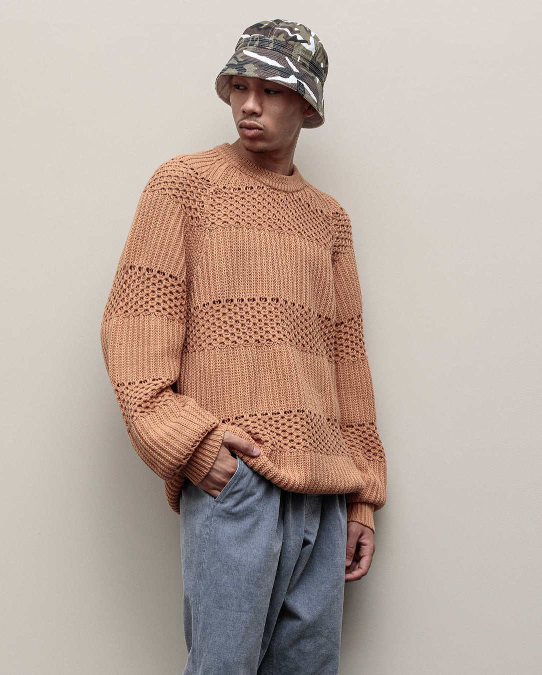 Loose Mesh Stripe Rib Sweater (congac)