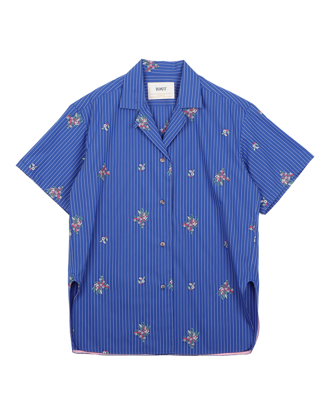 Flower Embroidery Stripe Fabric Shirt blue