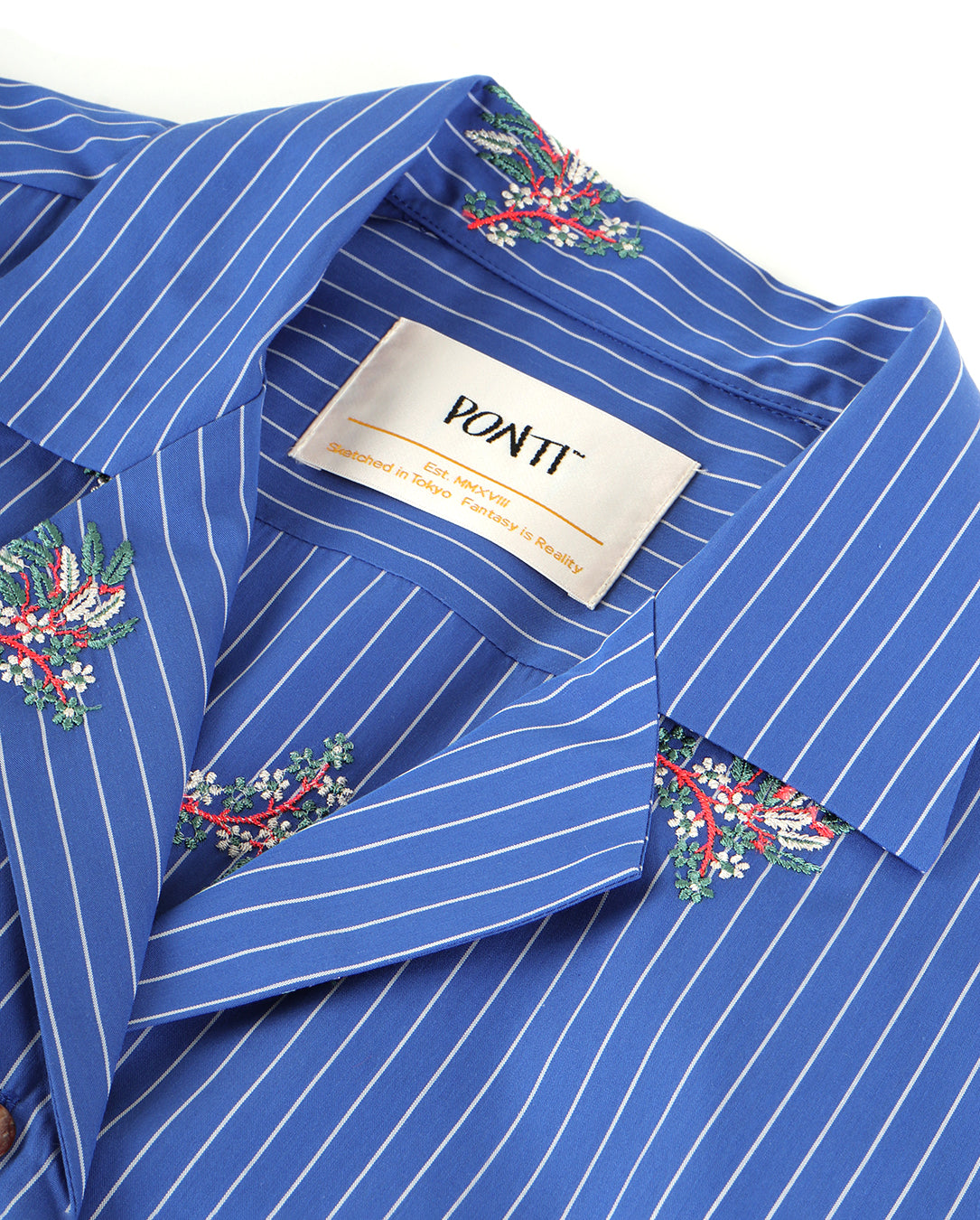 Flower Embroidery Stripe Fabric Shirt blue