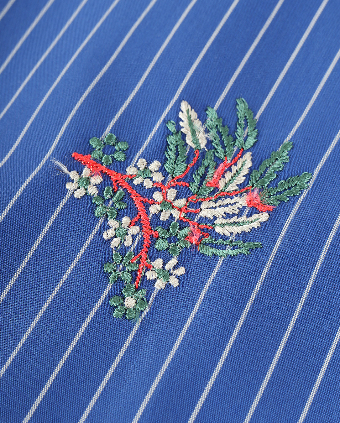 Flower Embroidery Stripe Fabric Shirt blue