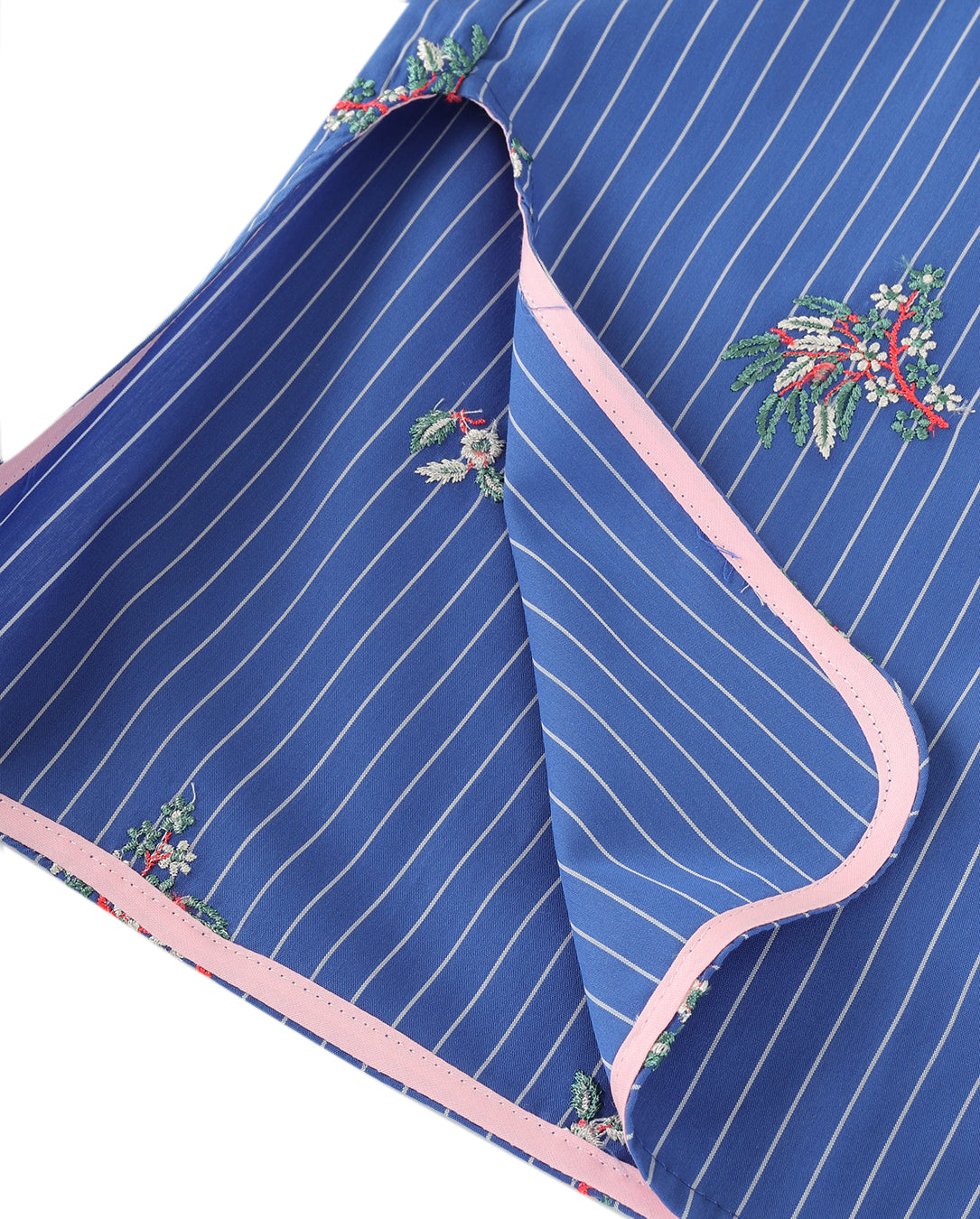 Flower Embroidery Stripe Fabric Shirt blue