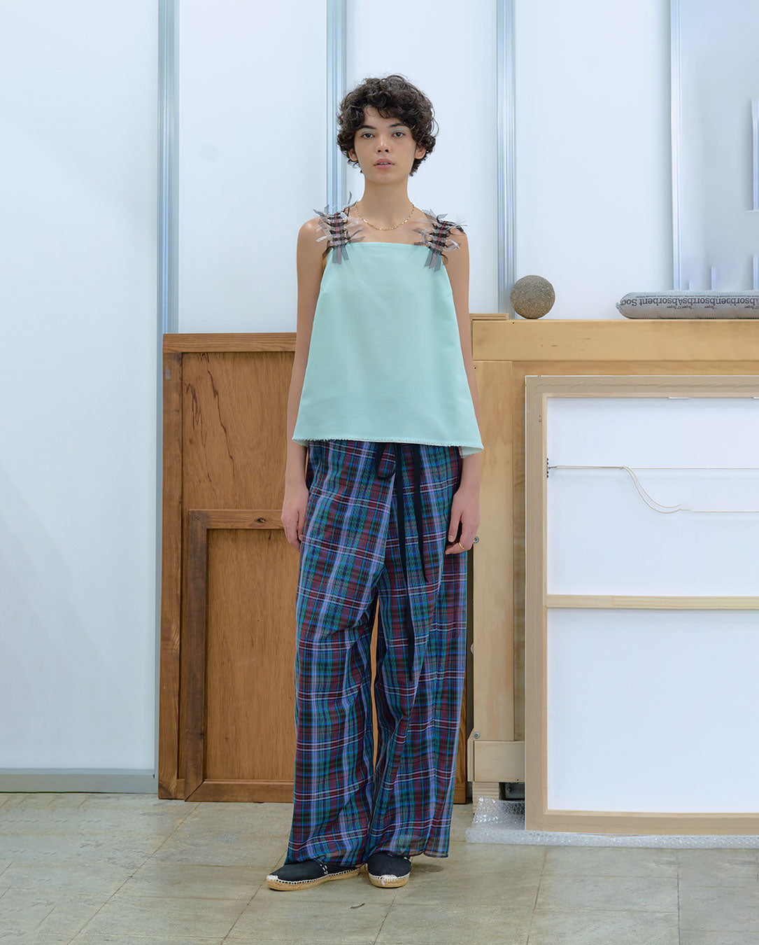 Semi-Sheer Yarn-Dyed Check Tuck Pants check