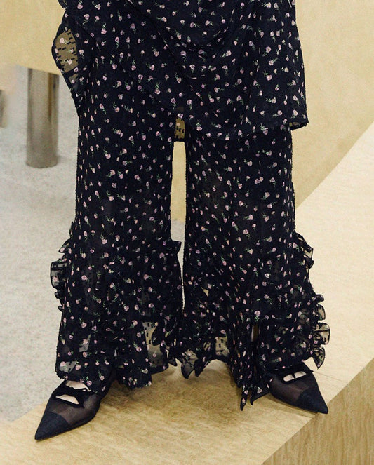 Flower Jacquard Frill Pants black