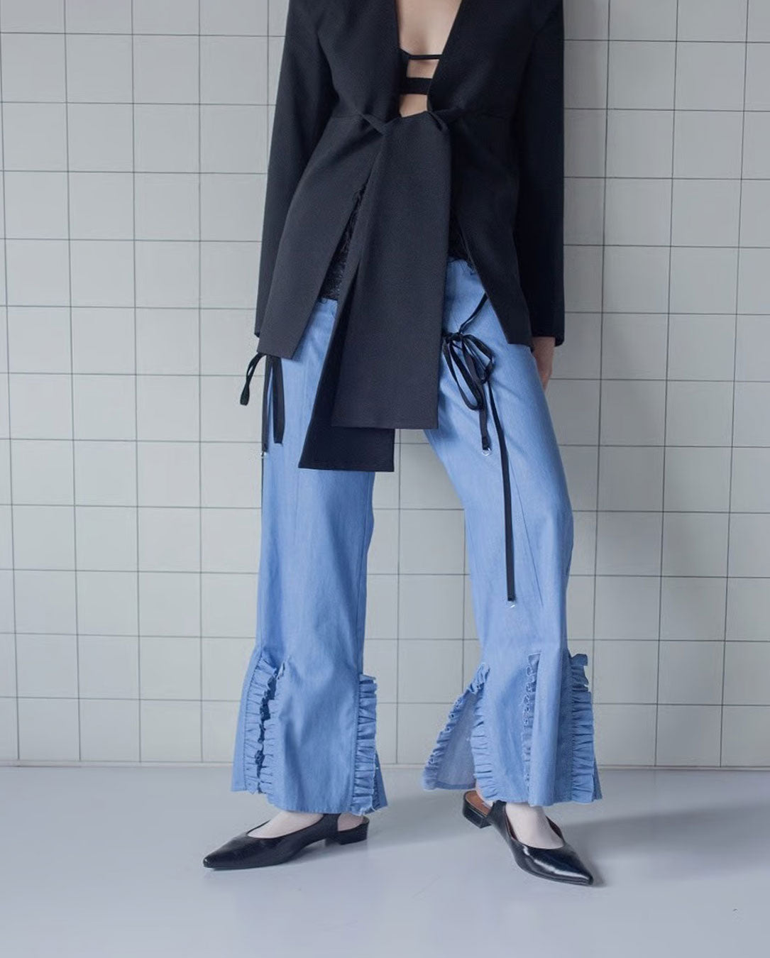 Chambray Frill Pants light blue