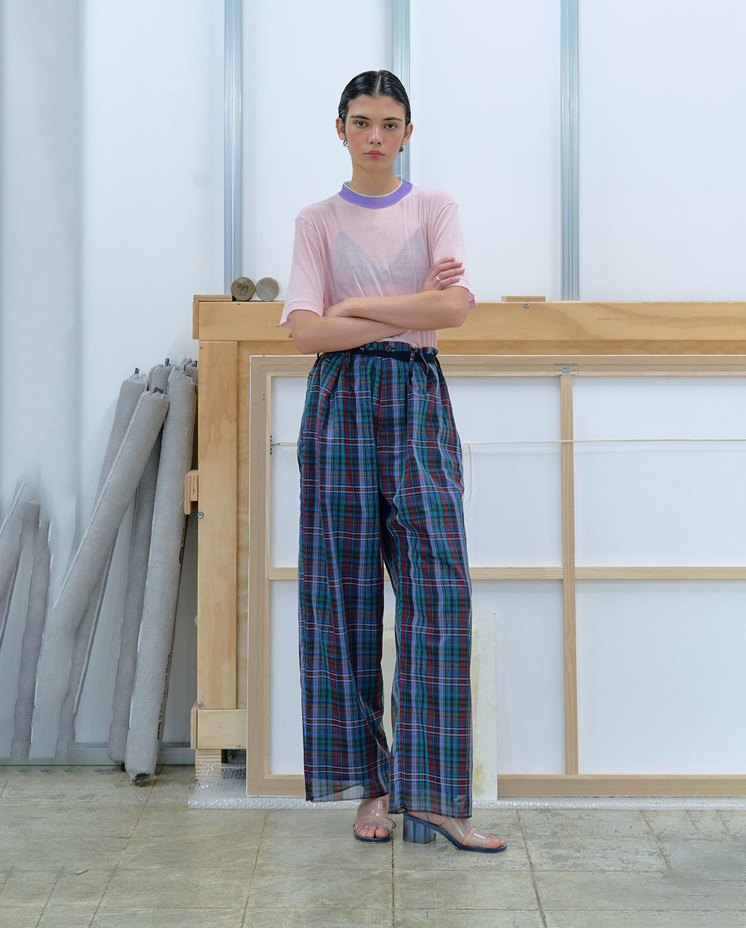 Semi-Sheer Yarn-Dyed Check Tuck Pants check