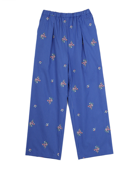 Flower Embroidery Stripe Fabric Pants blue