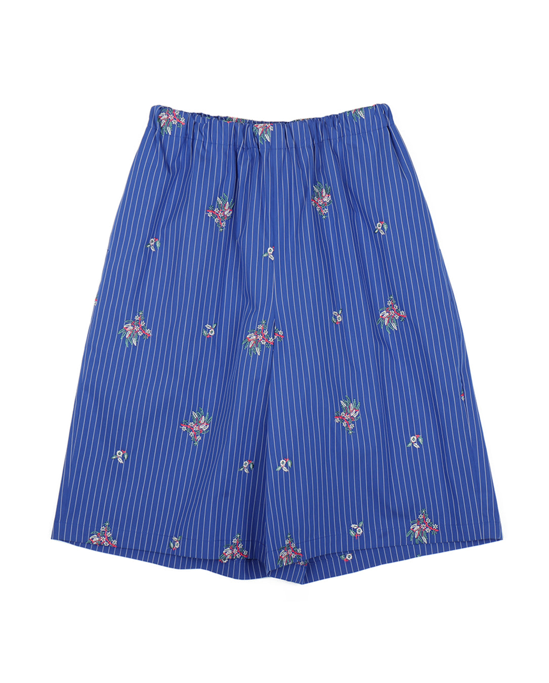 Flower Embroidery Stripe Fabric Half Pants blue