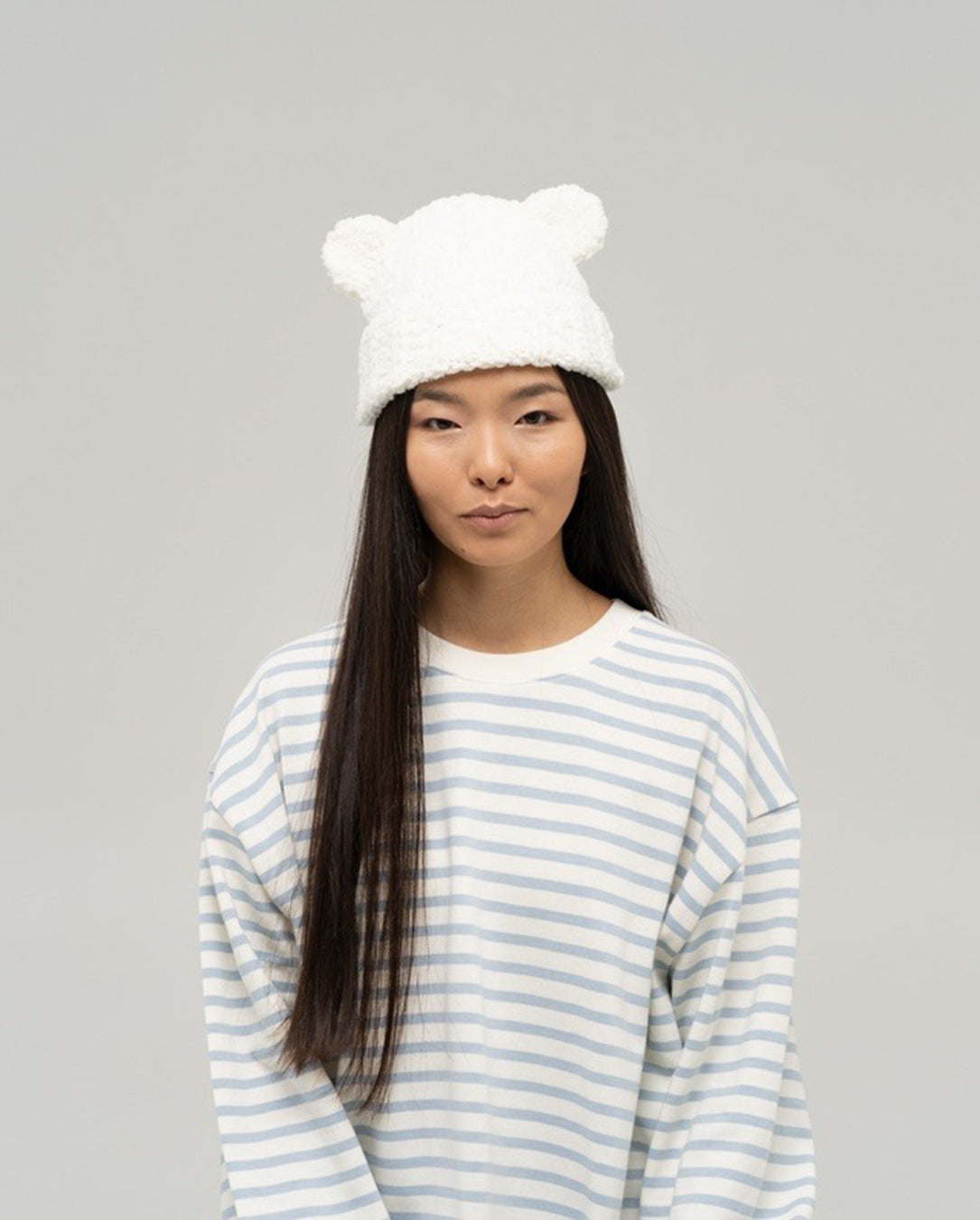 2466 Chenille Hand Made Beanie With Ears white